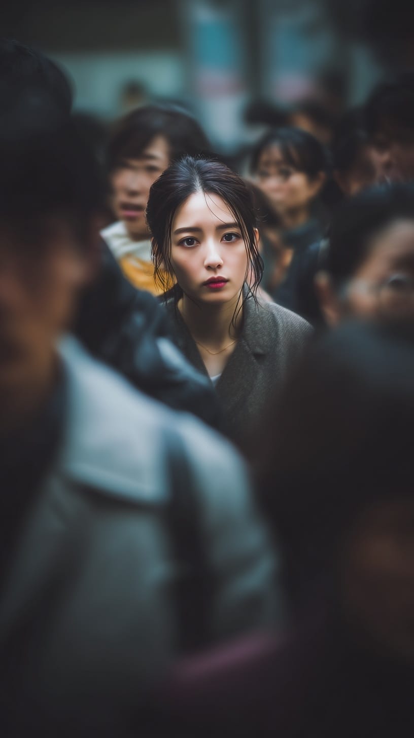人混みの中で違和感に気づき始めた女性の視線