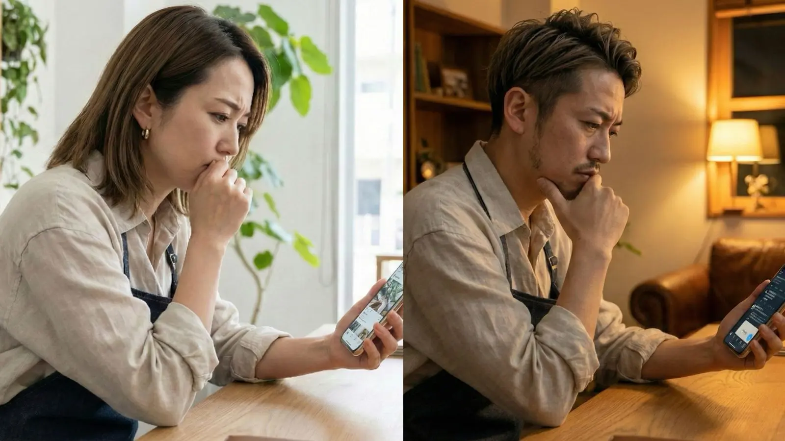 スマホを見て集客やSNS運用に悩む店舗オーナー