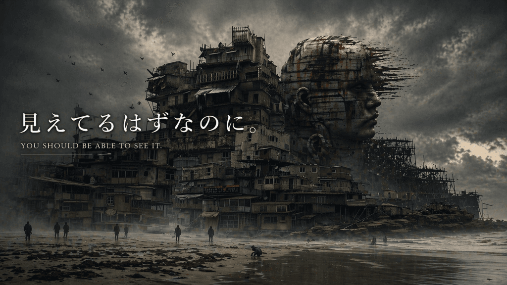 giant human head fused with buildings in a surreal layered realm anomaly scene