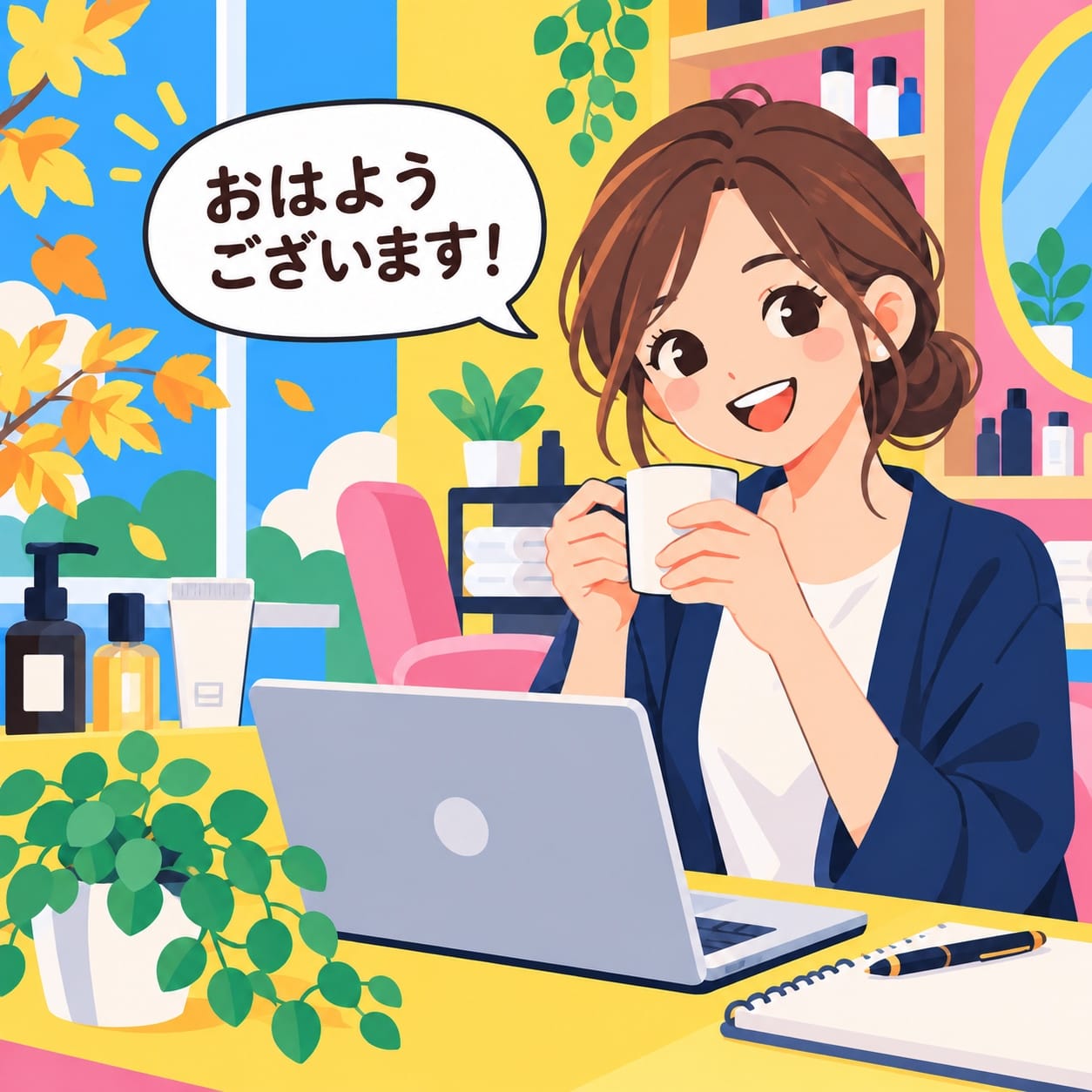 明るい色彩でサロンの朝を描いたポップなイラスト