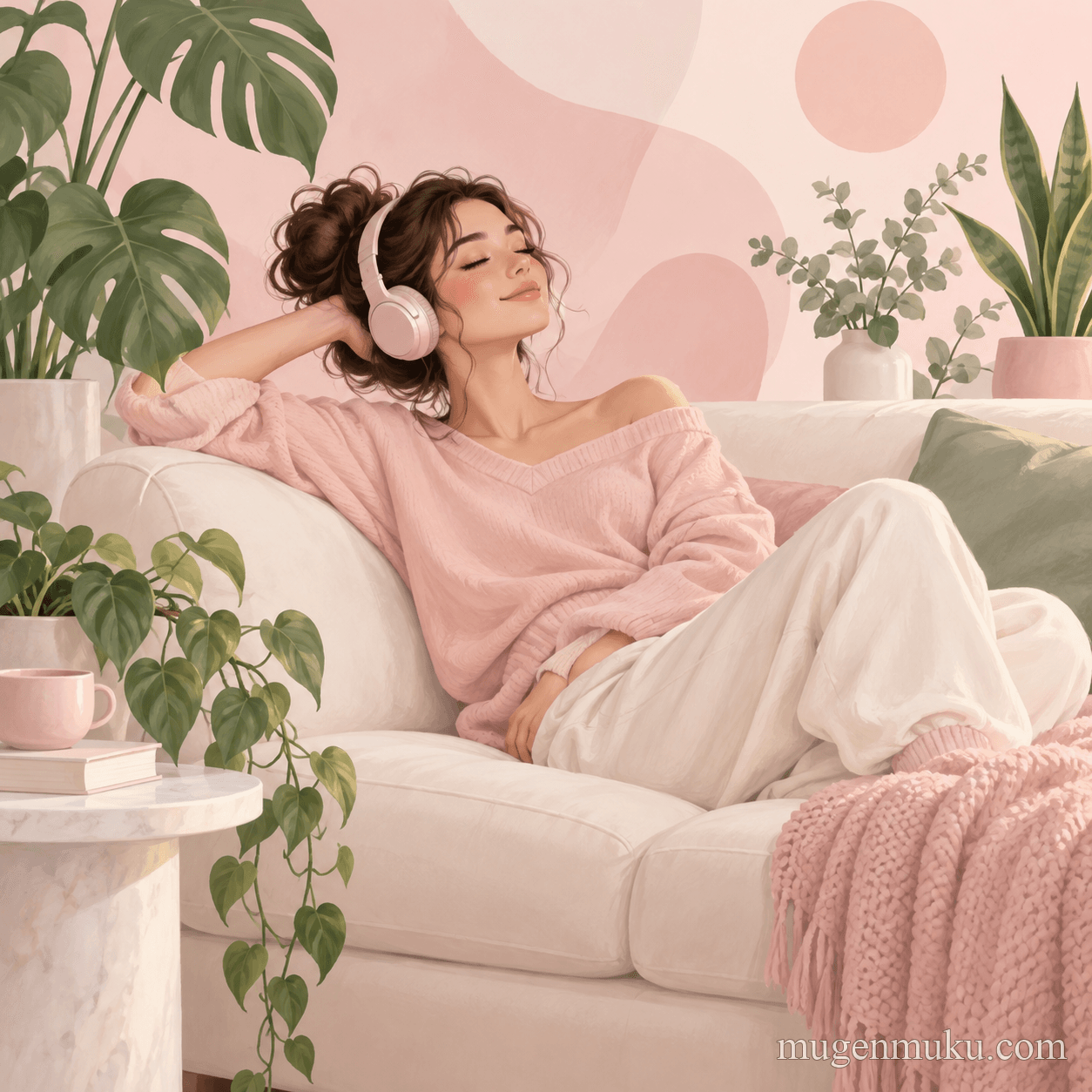 植物に囲まれたソファでヘッドホンを着けてくつろぐ女性のイラスト