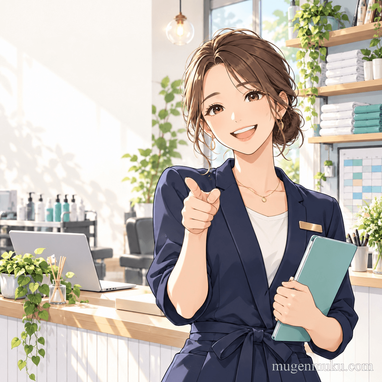 自然光のサロンでタブレットを持つ女性のアニメ風イラスト