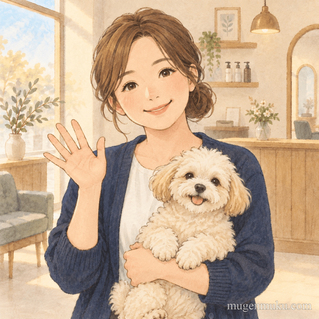 女性と犬を温かく描いた絵本風イラスト