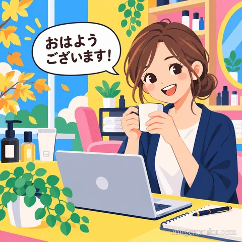 サロンの日常を描いたポップなAIイラストの制作例
